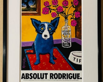 絵画 dogliquid Framed Original 1993 Absolut RODRIGUE Blue Dog Vintage Print