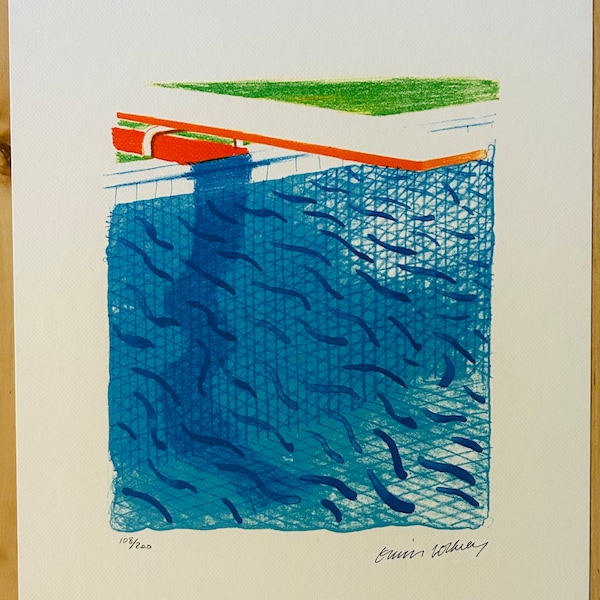 "David Hockney ( After ) ""ckende mit Papier und blauer Tinte"" von der Schwimmbecken-Serie ""Limited Edition Off-Set Lithographie""."