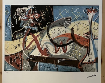 May include: Abstract art print featuring a colorful, chaotic composition with black, white, red, yellow, blue, and brown paint. The print includes a stylized animal figure and scribbled lines and numbers. The print is signed "Arthur Piatk" in the bottom right corner.