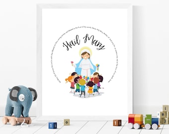 Oración imprimible del Ave María para niños, arte de pared católico, decoración del hogar para la habitación de los niños, imagen colorida de la Virgen María y los niños, regalo católico