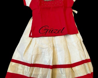 Tissue Silk Lehenga with Beads, Indian Kids Pattu Pavada (3T-4T)