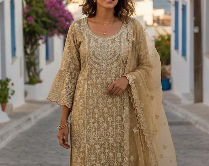 Golden Butterfly Net Salwar Set: Embroidered, Diamond Work