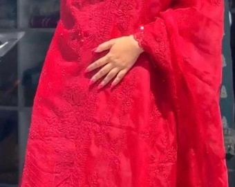Red Chiffon Salwar Set: Party Wear Embroidery, XL Size