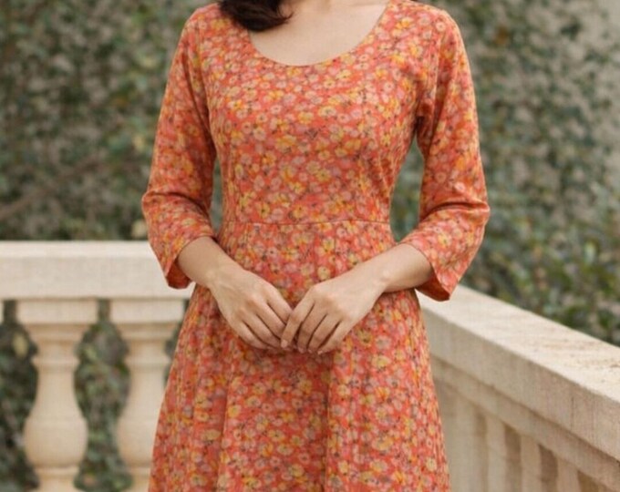 Floral Print Tissue Cotton Dress, Peach Pink Umbrella Cut