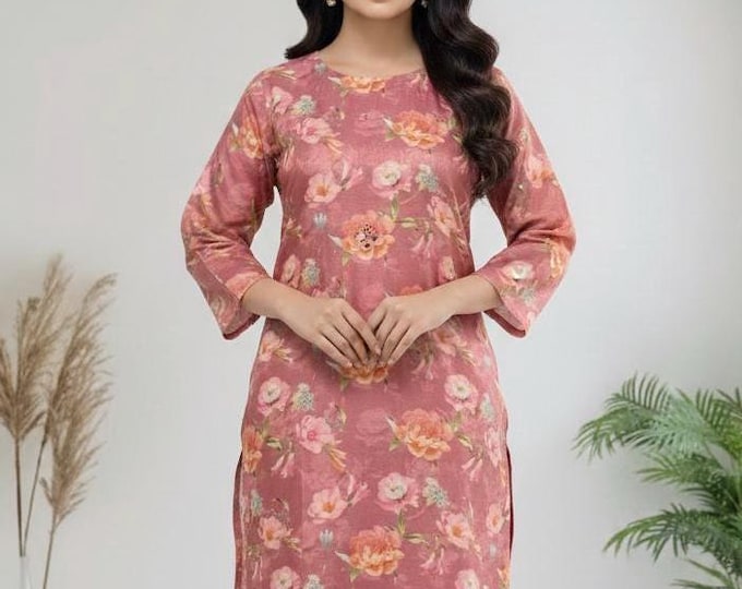 Floral Kurti with Mirror & Sequins - Tissue Cotton, 45" Length