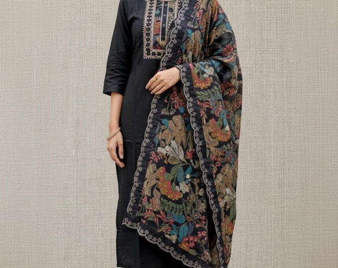 Black Cotton Silk Salwar Suit: Party Wear Palazzo, Printed Crepe Dupatta