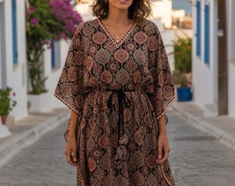 Cotton Ajrakh Kaftan, Adjustable Waist, Above Knee Length