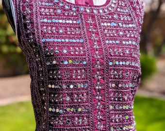 Purple Party Dress with Mirror & Silver Thread (Size 32)