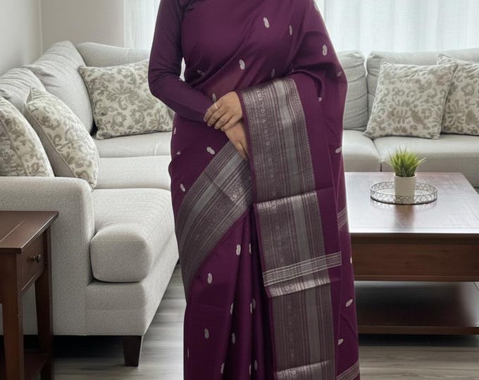 Kanchi Cotton Saree Wine Red, Silver Zari Border, Embroidered Butta Pallu