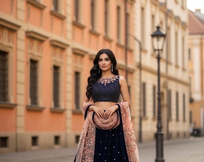 Embroidered Velvet Lehenga Choli with Dupatta (Large)