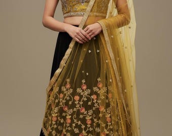 Black Threadwork Lehenga with Mirror Choli, Net Dupatta (Size L)