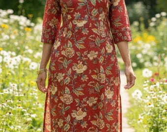 Cotton Ajrakh Print Kurti, Beaded Mirror Yoke