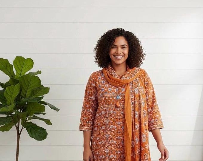 Ajrakh Printed Salwar Kameez: Rayon Suit with Cotton Dupatta