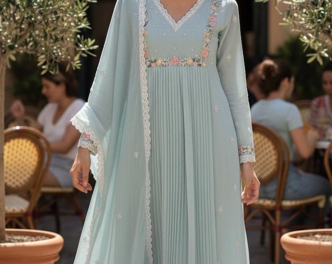 Pastel Blue Chiffon Salwar Suit, Hand Embroidered Lace Trim, Medium