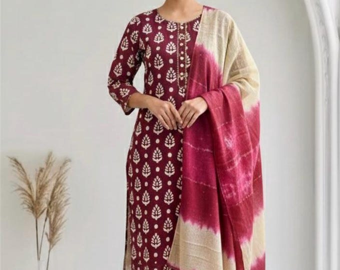 Block Print Rayon Silk Salwar Set: Sequins Dupatta, XL