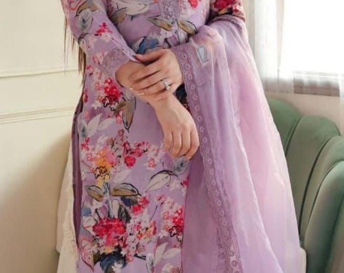 Printed Salwar Kameez Set, Embroidery Lace, Organza Dupatta