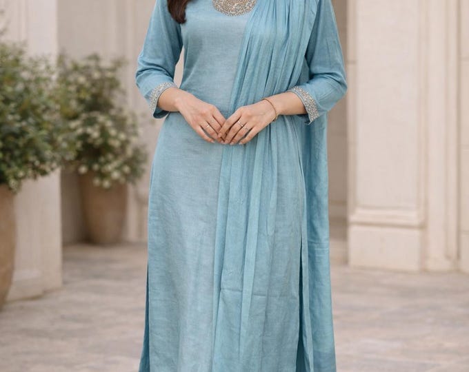 Powder Blue Salwar Set, Sequin Beaded Dupatta (Large)