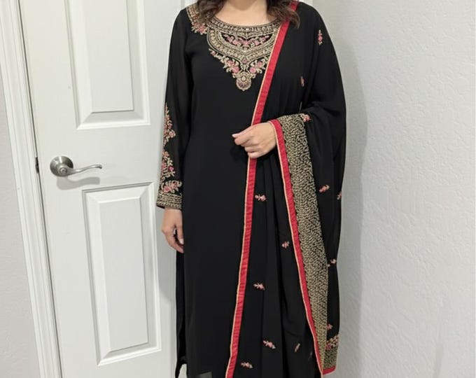 Black Chiffon Georgette Salwar Kameez: Embroidered Party Wear, Size Large
