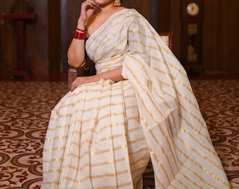 Kerala Cotton Saree with Yellow Tassels & Blouse Material