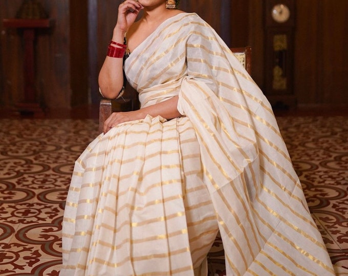 Kerala Cotton Saree with Yellow Tassels & Blouse Material