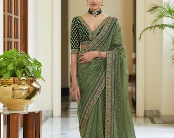 Royal Vichitra Silk Saree, Green Sequin Blouse