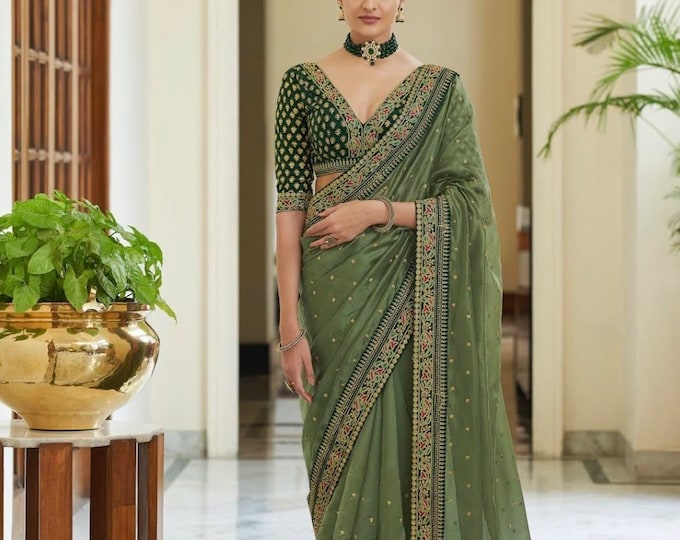 Royal Vichitra Silk Saree, Green Sequin Blouse