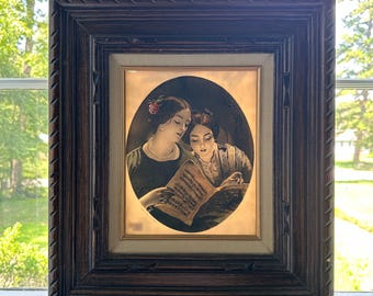 Antique Porcelain Etching Lithophane Artwork “The Duet“ in Original Frame