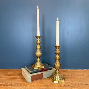 PAIR of Large Antique Solid Brass Candlestick Holders