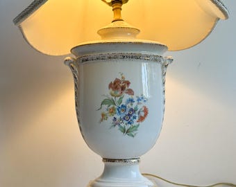 Antique Floral Lamp & Silk Scalloped Lampshade