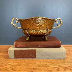 Antique Floral Embossed Solid Brass Cache Pot