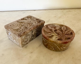 SET of TWO Carved Soapstone Trinket Boxes