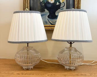 PAIR of Vintage Oval Cut Glass Lamps & Lampshades