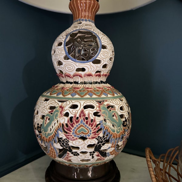 GORGEOUS Antique Reticulated Chinoiserie Lamp (No Shade)