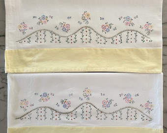 SET of TWO Vintage Hand Painted King Size Pillowcases |  Can be cut down to a smaller size