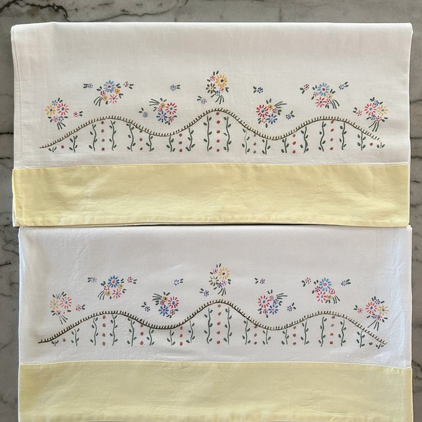 SET of TWO Vintage Hand Painted King Size Pillowcases |  Can be cut down to a smaller size