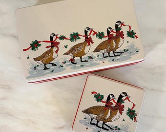 SET of Two Vintage Christmas Goose Tins with Matching Napkins