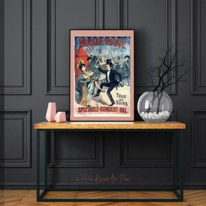 May include: A vintage poster advertising the Moulin Rouge in Paris, France. The poster features a red windmill with a red and white striped awning, and a couple dancing in front of it. The text on the poster reads "Moulin Rouge" in red letters, "Tous les Soirs" in black letters, and "Spectacle-Concert-Bal" in black letters.