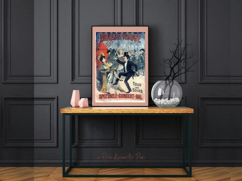 May include: A vintage poster advertising the Moulin Rouge in Paris, France. The poster features a red windmill with a red and white striped awning, and a couple dancing in front of it. The text on the poster reads "Moulin Rouge" in red letters, "Tous les Soirs" in black letters, and "Spectacle-Concert-Bal" in black letters.