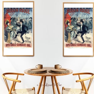 May include: Two framed vintage posters advertising the Moulin Rouge cabaret in Paris, France. The posters feature a couple dancing with the text "Tous Les Soirs" and "Spectacle-Concert-Bal" in red and black.