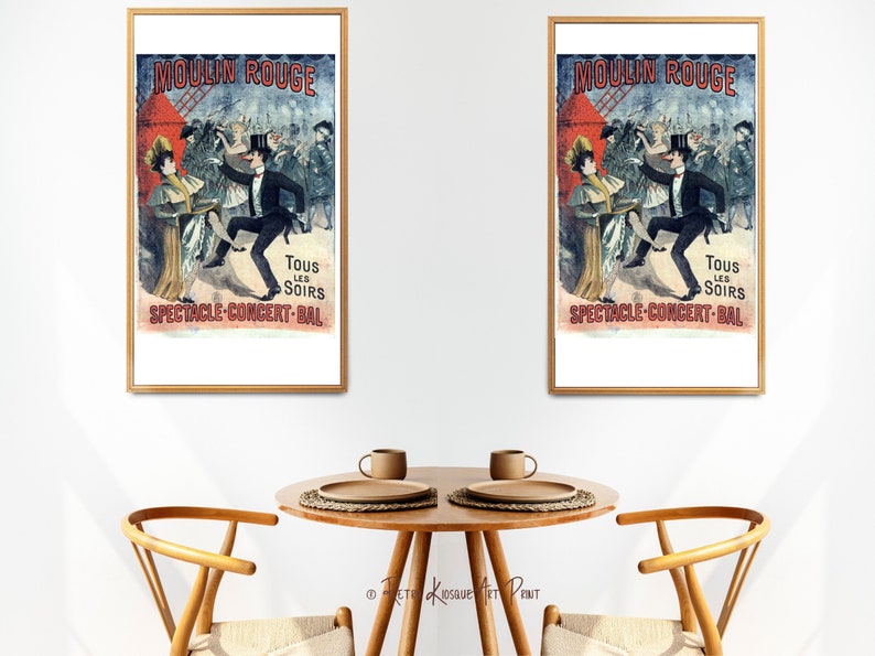 May include: Two framed vintage posters advertising the Moulin Rouge cabaret in Paris, France. The posters feature a couple dancing with the text "Tous Les Soirs" and "Spectacle-Concert-Bal" in red and black.