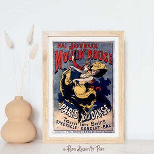 May include: A vintage poster advertising the Moulin Rouge in Paris, France. The poster features a couple dancing, with the woman in a yellow dress and the man in a red suit. The text on the poster reads "Au Joyeux Moulin Rouge" and "Paris Pour La Danse".