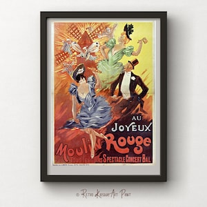 May include: Vintage poster advertising the Moulin Rouge in Paris, France. The poster features a red windmill with a yellow background and three figures in colorful costumes. The text reads "Moulin Rouge" and "Au Joyeux".