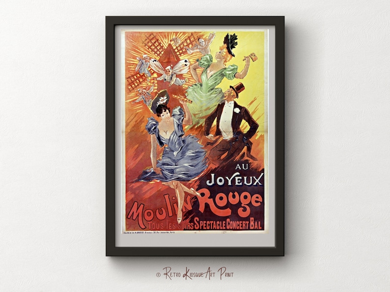 May include: Vintage poster advertising the Moulin Rouge in Paris, France. The poster features a red windmill with a yellow background and three figures in colorful costumes. The text reads "Moulin Rouge" and "Au Joyeux".