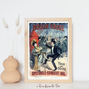 May include: A vintage poster advertising the Moulin Rouge in Paris, France. The poster features a red windmill and a couple dancing in front of a crowd of people. The text on the poster reads "Moulin Rouge" and "Tous les Soirs Spectacle-Concert-Bal".