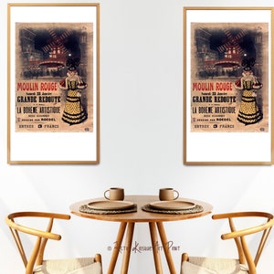 May include: Two framed vintage posters advertising a Moulin Rouge event. The posters feature a woman in a yellow and black dress with a red feather boa. The text on the posters reads "Moulin Rouge", "Grande Redoute", "La Boheme Artistique", "Roedel", and "Entree: 3 Francs".