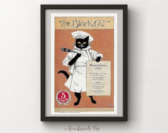 Könnte beinhalten: Eine Vintage-Zeitschriftencover-Illustration mit einer schwarzen Katze, die als Koch verkleidet ist und ein Menü hält. Die Zeitschrift heißt "The Black Cat" und das Cover ist mit November 1896 datiert. Der Text auf dem Menü enthält die Namen der in der Zeitschrift vorgestellten Geschichten.
