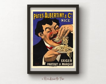 Könnte beinhalten: Eine Vintage-Werbung für Pates Albertiny & Cie, ein Pastaunternehmen in Nizza, Frankreich. Die Anzeige zeigt einen Mann mit Schnurrbart, der begeistert Spaghetti isst. Der Text lautet "Pates Albertiny & Cie Nice" und "Exiger Partout La Marque".