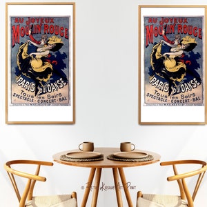 May include: Two vintage posters for the Moulin Rouge in Paris, France. The posters feature a couple dancing, with the text "Au Joyeux Moulin Rouge" and "Paris Ou Danse" in French.