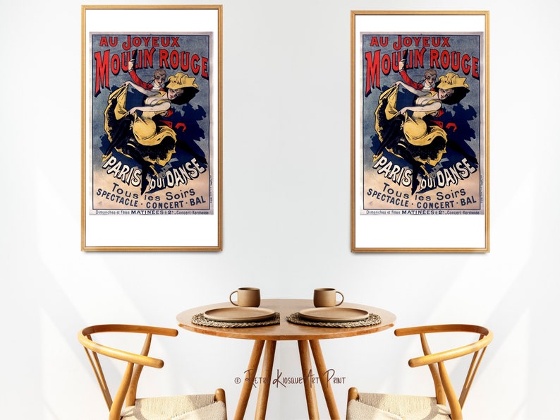 May include: Two vintage posters for the Moulin Rouge in Paris, France. The posters feature a couple dancing, with the text "Au Joyeux Moulin Rouge" and "Paris Ou Danse" in French.