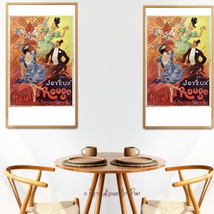 May include: Two framed vintage posters of the Moulin Rouge cabaret in Paris, France. The posters feature a red background with a windmill and dancers in colorful costumes. The text on the posters reads "Au Joyeux Moulin Rouge" and "Grand Spectacle Concert Bal".